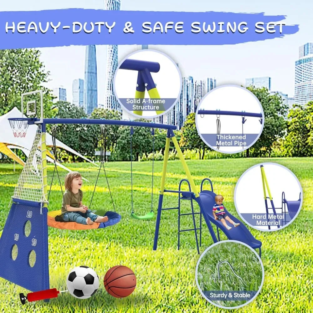 Swing Sets for Backyard with Kids Slide Outdoor Heavy-Duty Metal Playset for Kids 440lbs 5 in 1 Swing Set Ohberri