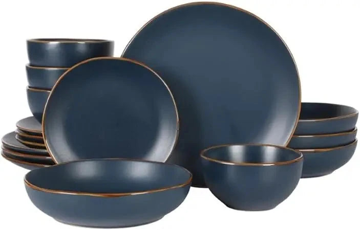 16-Piece Stoneware Ceramic Dinnerware Set with Navy Blue Plates and Bowls Ohberri