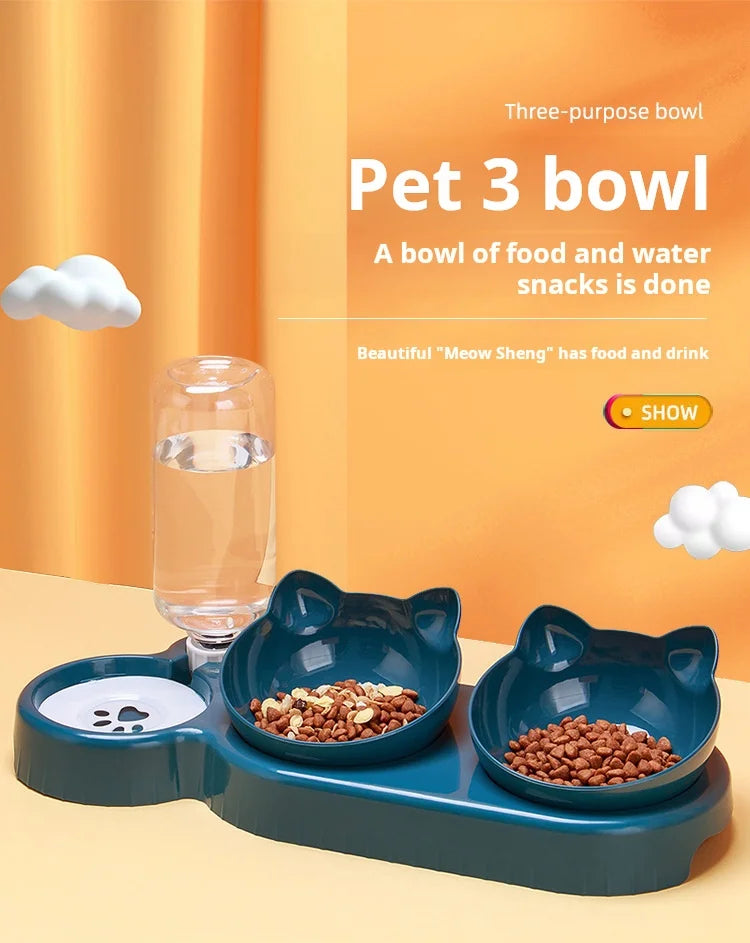 Pet Bowls With Water Feeder, 3 In 1 Ear Design Tilted Cat Water And Food Bowl Set With Gravity Water Bottle For Neck Protection Ohberri