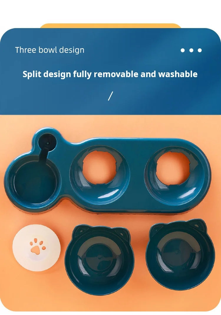 Pet Bowls With Water Feeder, 3 In 1 Ear Design Tilted Cat Water And Food Bowl Set With Gravity Water Bottle For Neck Protection Ohberri