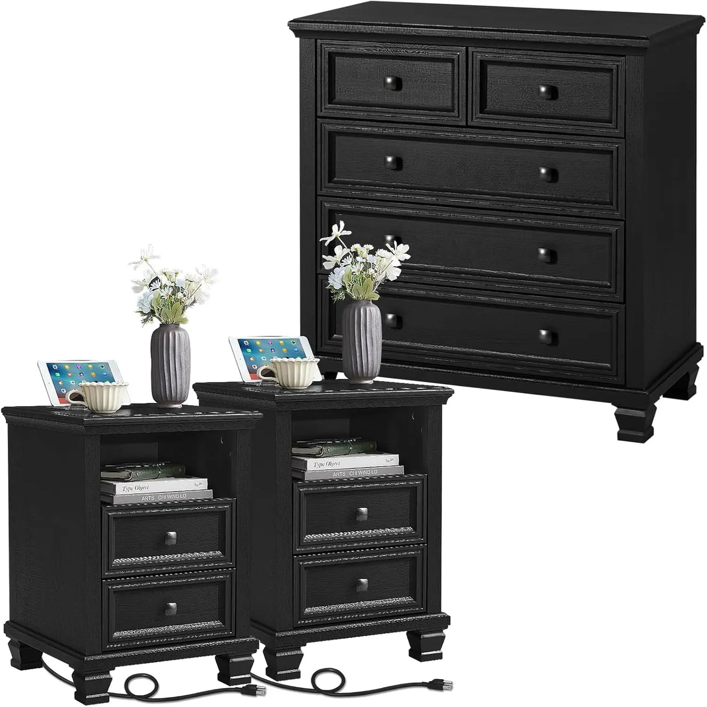 Farmhouse Dresser and Nightstand Sets of 4, 6/5 Drawer Dresser & 2 Drawer Nightstand Set of 2, Rustic Walnut - Ohberri