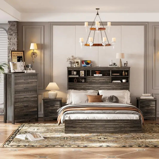 4-Piece Bedroom Set, Queen Bed Frame with Storage Headboard and Charging Station, 2 Nightstands with 2 Drawers, 1 Dresser - Ohberri