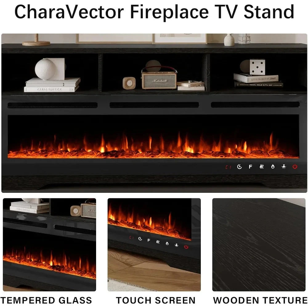 Fireplace TV Stand with 50" Glass Electric Fireplace with Power Outlets for Up to 65 inch TV Ohberri