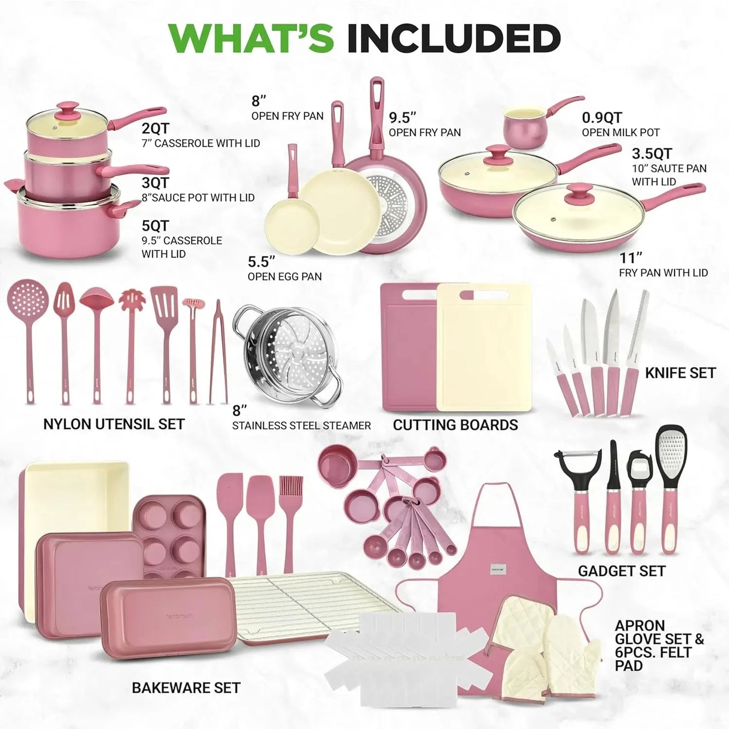 54-Piece Kitchen Cookware Set - Complete Non-Stick Ceramic Pots and Pans Set with Utensils, Bakeware, and Knife Set Ohberri