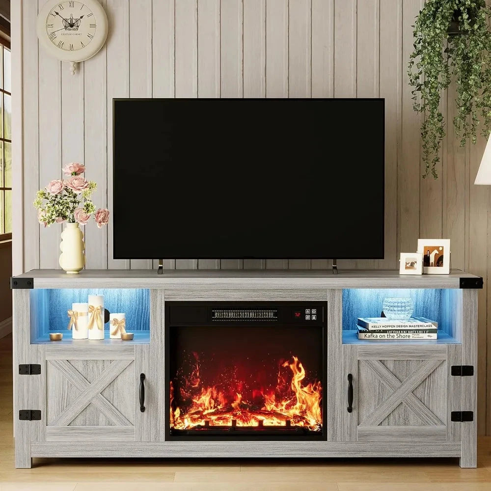 65 Inch LED Fireplace TV Stand with Mood Lighting, Cabinet with Open Shelf & Hidden Cable Routing Ohberri