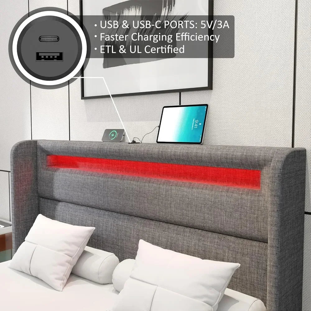King Bed Frame with RGBW LED Lights Headboard & 4 Storage Drawers - Ohberri