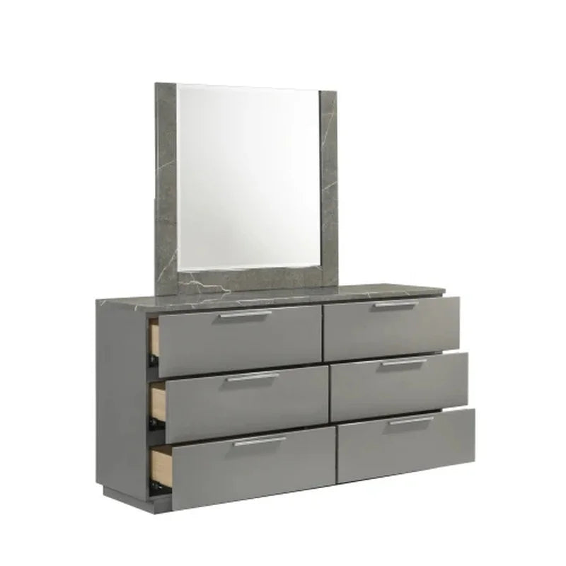 5-Piece Queen Bedroom Set: Two-Tone High-Gloss Marble & Lacquer Finish with LED Lighting, Metal Legs, Spacious Storage - Gray - Ohberri
