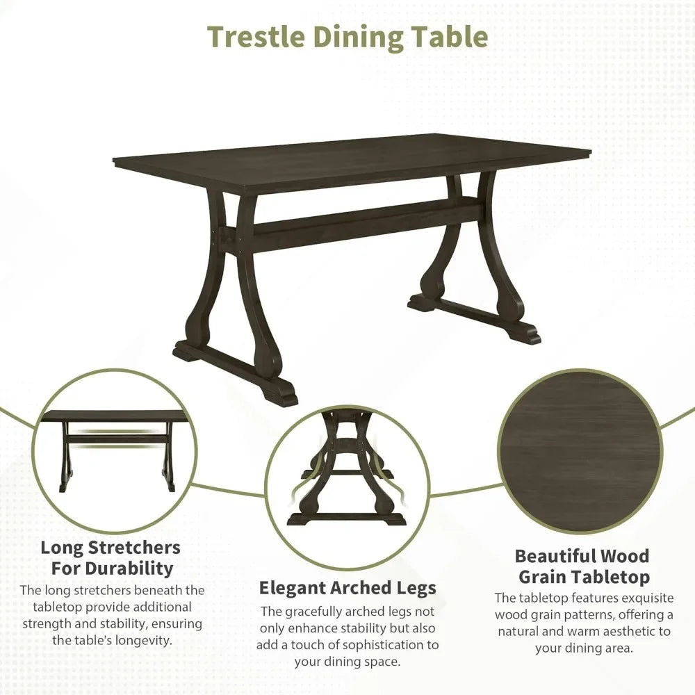 7 Piece Dining Table Set, Retro Kitchen Table Set with 6 Upholstered Dining Chairs, Wooden Table and Chairs Set for Dining Room - Ohberri