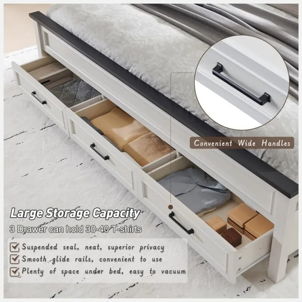 Farmhouse King Size Bed Frame with 52" Tall Full-Panel Headboard, Wood Platform Storage Drawers - Ohberri