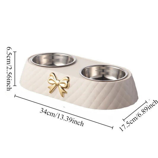 1PC Pet Pet Dog and Cat Food Bowls Bowtie Dog Food Drinking Double Bowl Pet Supplies Ohberri