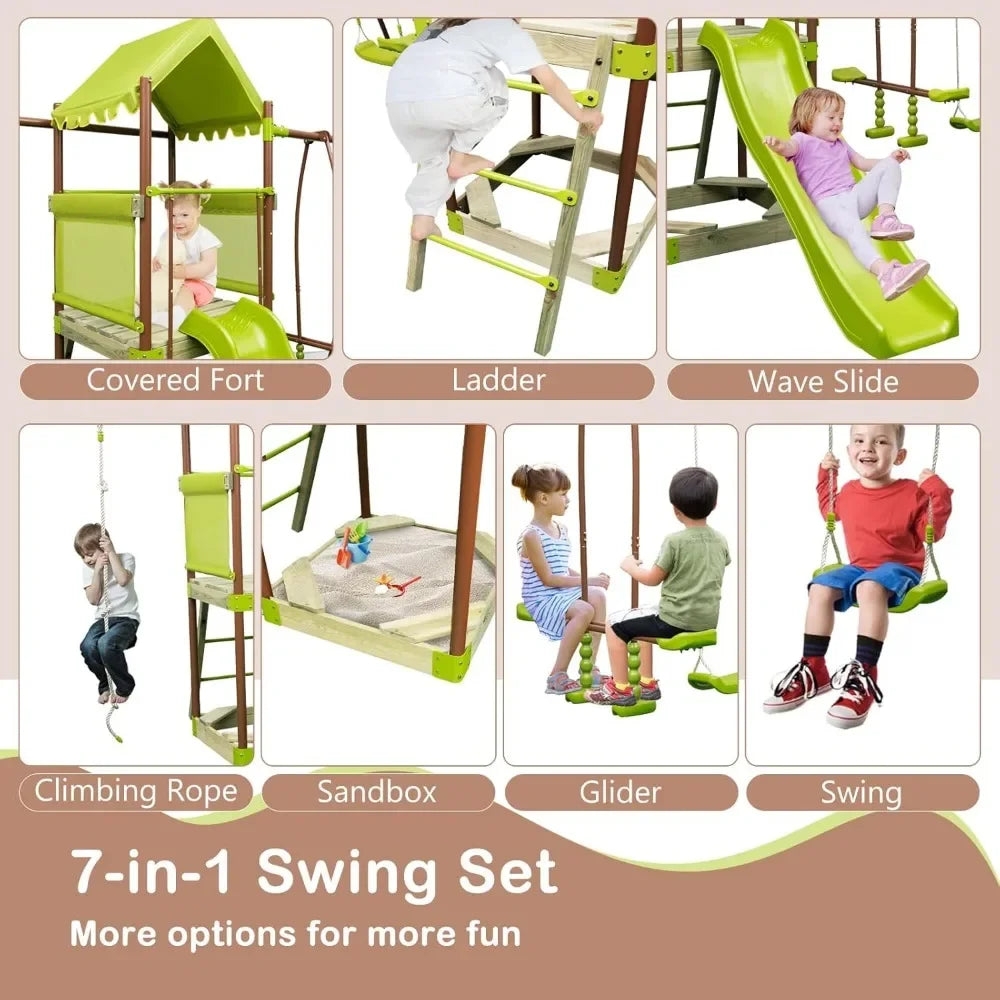 Swing Sets for Backyard, 7-in-1 Heavy Duty Metal Swing Set  Glider and Swing, Outdoor Playset for Playground, Gift for Kids Ohberri