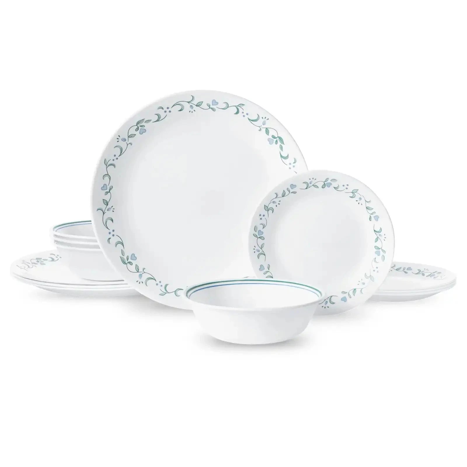 Country Cottage, White and Green Round 12-Piece Dinnerware Set Ohberri
