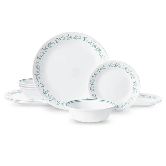 Country Cottage, White and Green Round 12-Piece Dinnerware Set Ohberri