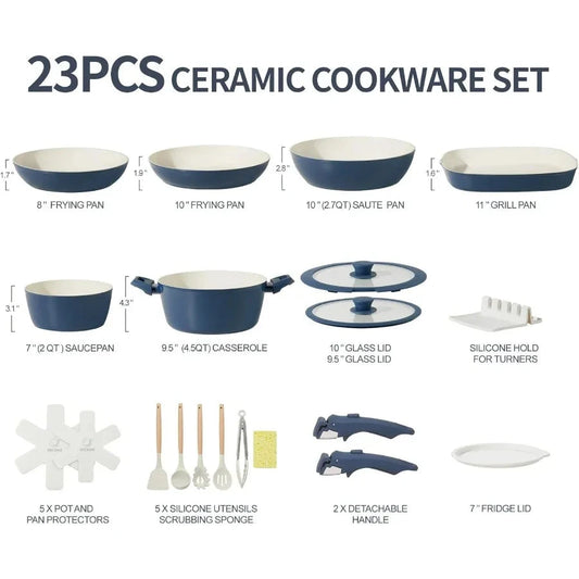 23pcs Ceramic Pots and Pans Set with Nonstick Surface and Detachable Handles for Induction Ohberri