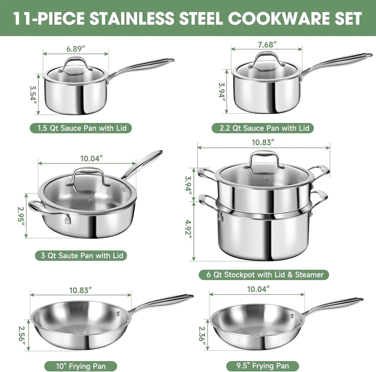 Stainless Steel 11-Piece Cookware Set with Lids Non-Toxic, Induction Ohberri