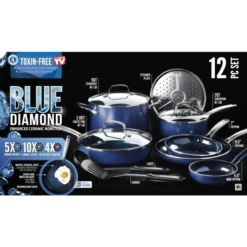 Blue Diamond 12-Piece Toxin-Free Ceramic Nonstick Pots and Pans Cookware Set Ohberri