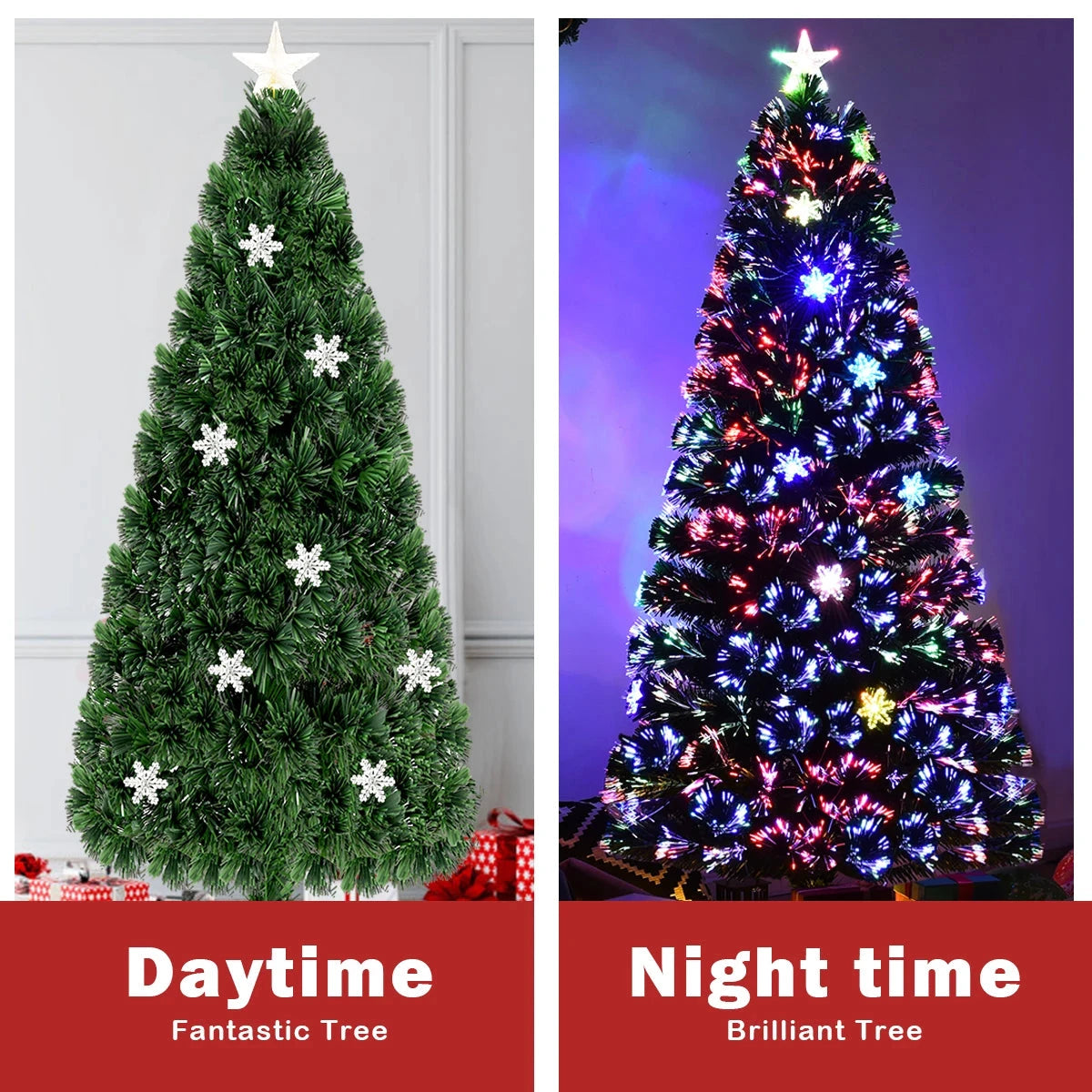 6FT Pre-Lit Fiber Optic Artificial Christmas Tree w/Multicolor Lights Snowflakes Ohberri