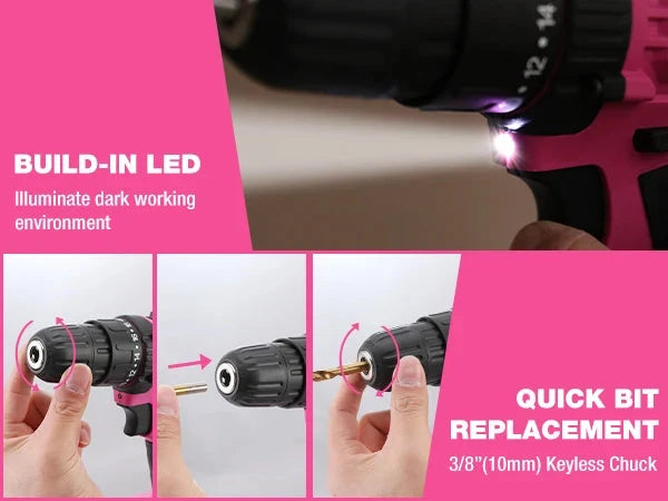 20V 3/8" Pink Cordless Drill Set  18+1 Torque Settings, Power Drill Set with LED Light and Magnetic Holder Ohberri