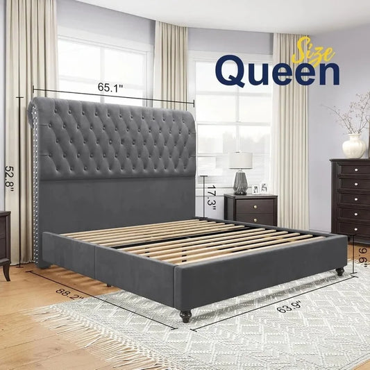King Size Bed Frame with Velvet Tall Sleigh Headboard, 52.8" Button-Tufted Design, Elegant and Stylish - Ohberri