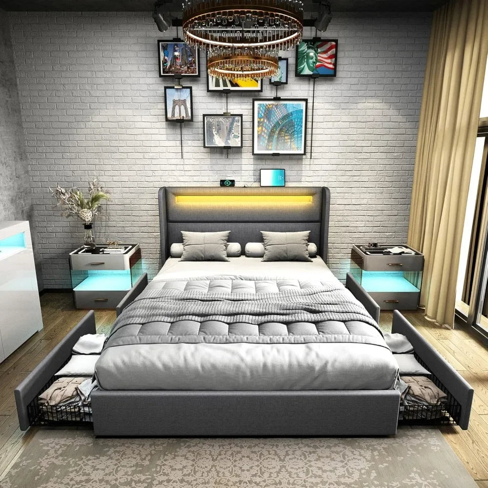 King Bed Frame with RGBW LED Lights Headboard & 4 Storage Drawers - Ohberri