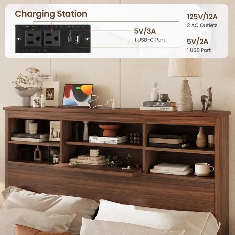 4-Piece Bedroom Set, Queen Size Bed Frame with Storage Headboard & Charging Station, 2 Nightstands with 2 Drawers - Ohberri