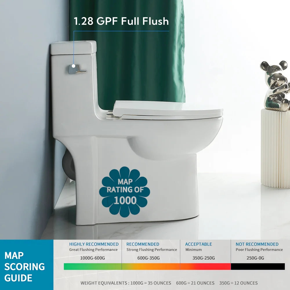 1.28 GPF Single-flush One Piece Toilet, Water-Saving Elongated Ohberri