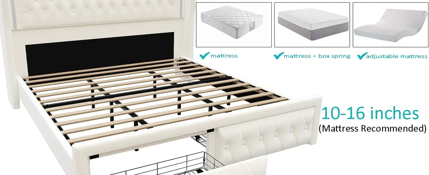 55" Tall Headboard LED, Tufted Velvet Upholstery, 2 Storage Drawers, Wood Slats- Beige - Ohberri