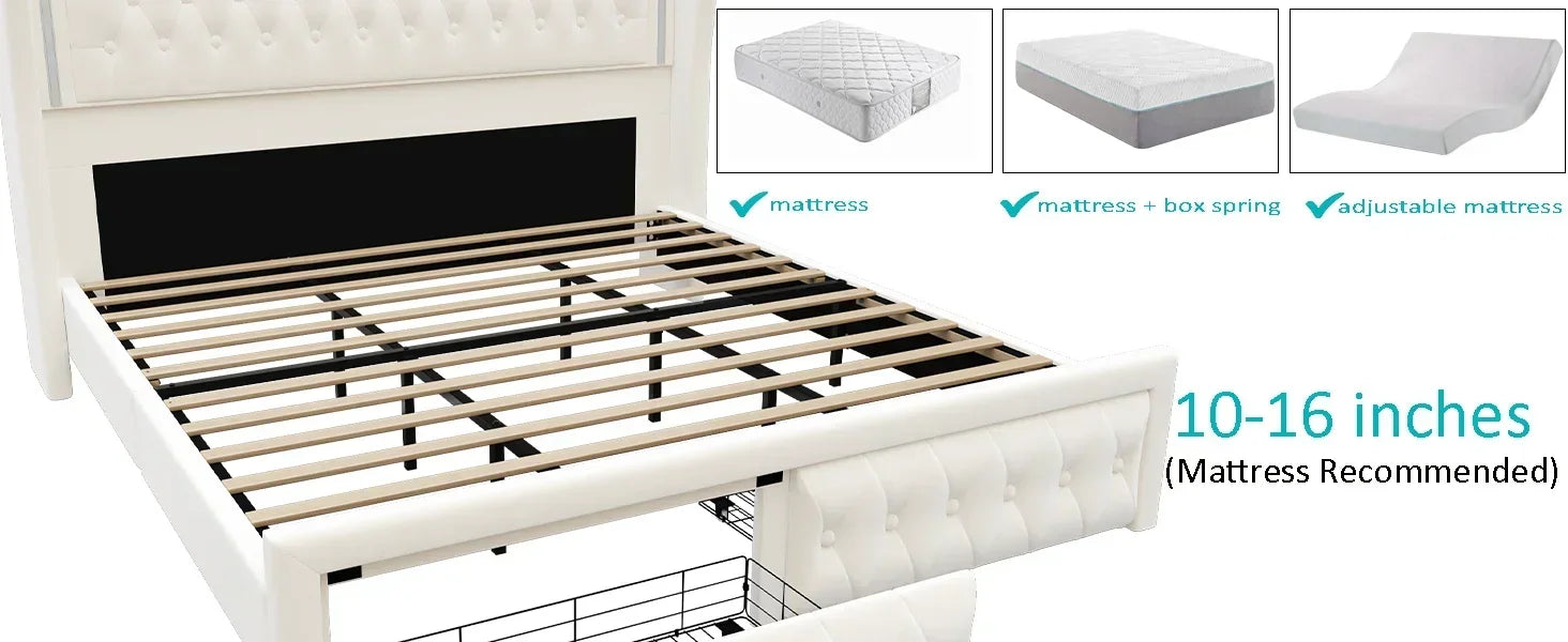 55" Tall Headboard LED, Tufted Velvet Upholstery, 2 Storage Drawers, Wood Slats- Beige - Ohberri