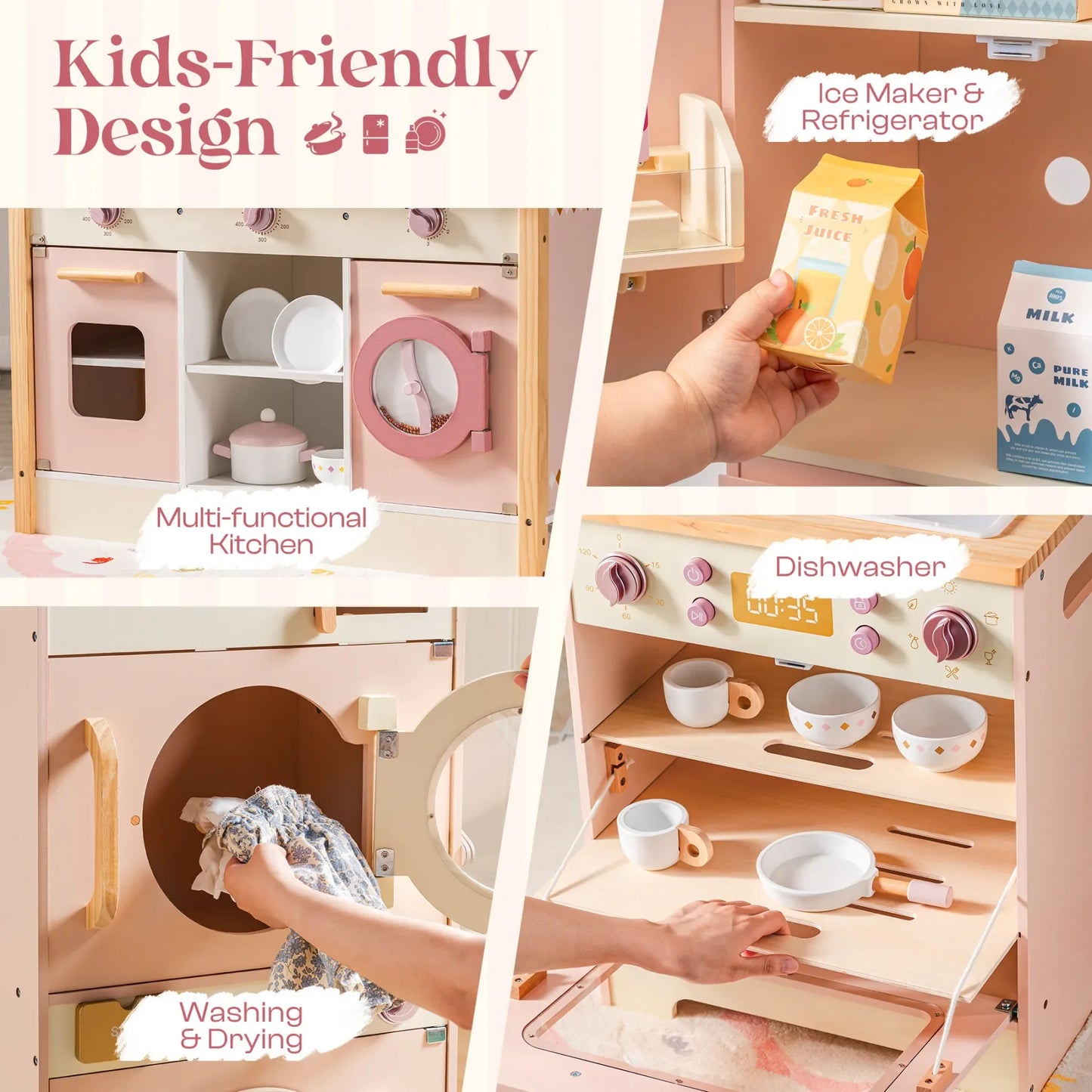 Kitchen Play set with Realistic Sound Pretend Play Gift for Boys Girls Pink - Ohberri