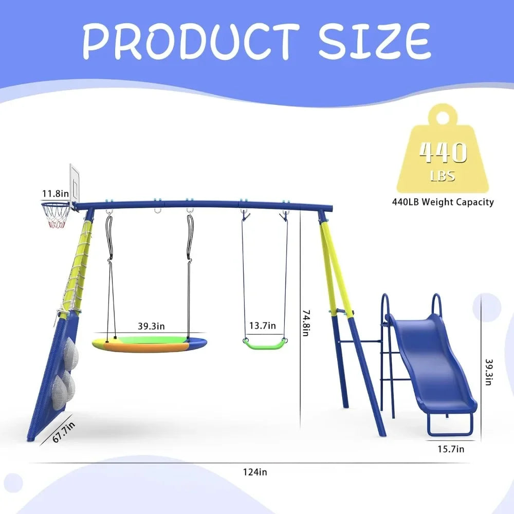 Swing Sets for Backyard with Kids Slide Outdoor Heavy-Duty Metal Playset for Kids 440lbs 5 in 1 Swing Set Ohberri