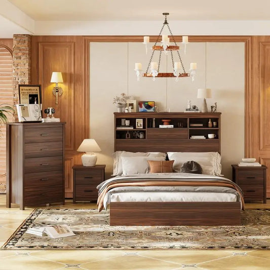 4-Piece Bedroom Set, Queen Size Bed Frame with Storage Headboard & Charging Station, 2 Nightstands with 2 Drawers - Ohberri