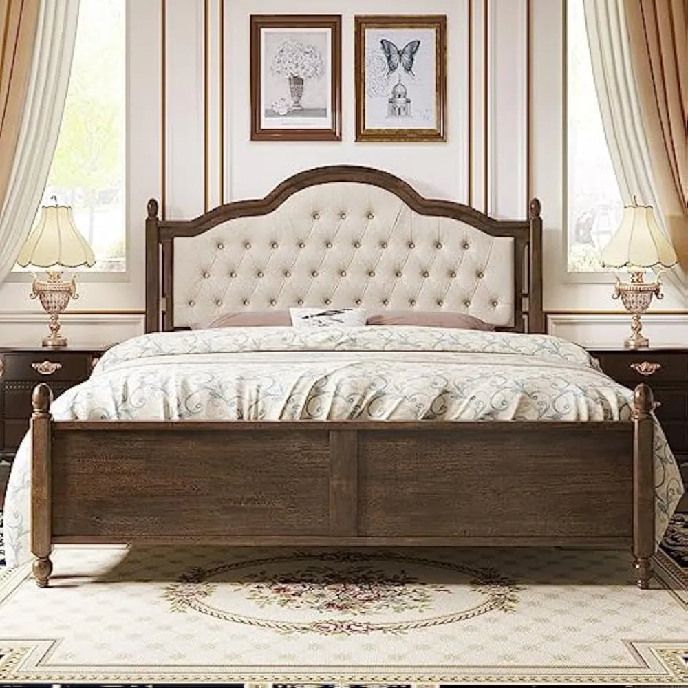 King Size Wood Bed Frame with Upholstered Headboard, Solid Wood Platform Bed with Linen Tufted - Ohberri