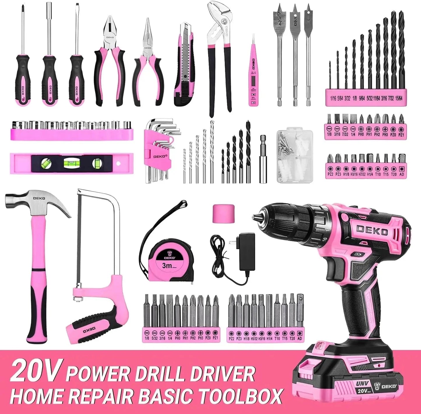 DEKO Pink Drill Tool Kit Set: 20V Cordless Power Drill Tool Box with Battery Electric Drill Driver Ohberri