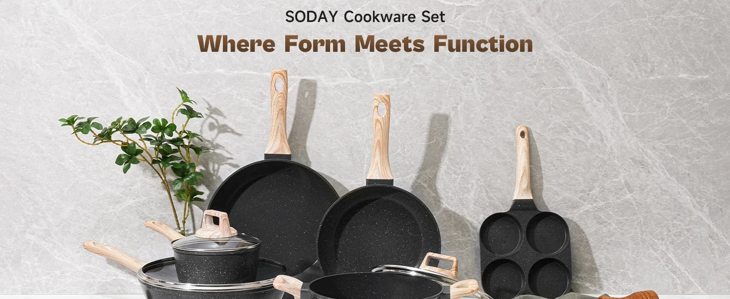 Pots and Pans Set, Nonstick Cookware Sets Black Granite Induction Ohberri