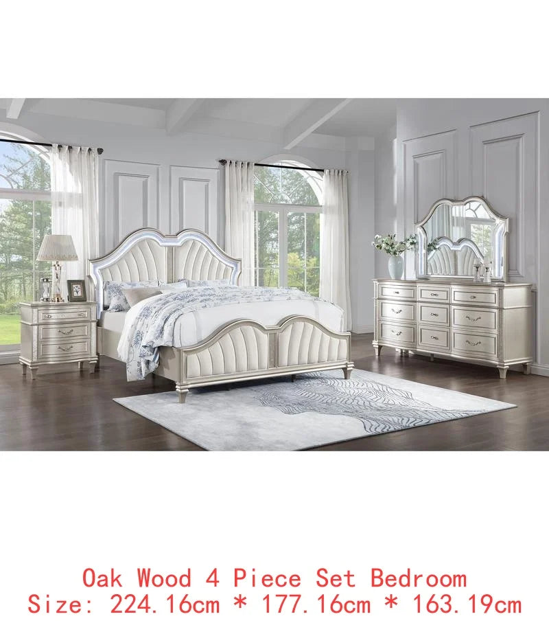 Queen Bed Set 4-Piece Bedroom Furniture in Silver Oak Finish - Ohberri