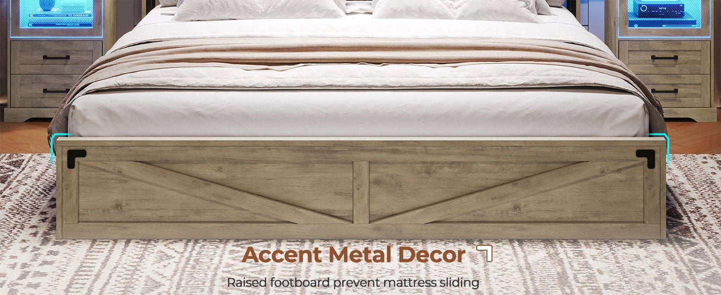 Farmhouse Bed Frame with Bookcase Headboard and 2 Drawers, Wooden Platform , Rustic Brown Ohberri