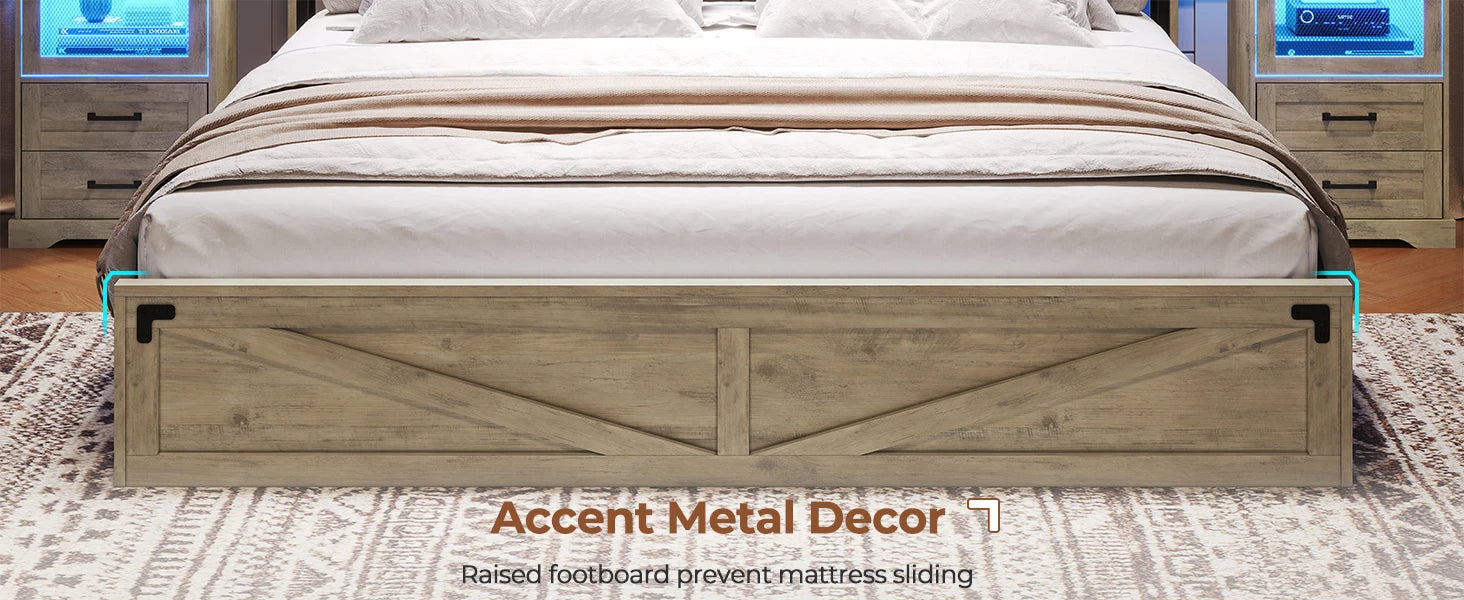 Farmhouse Bed Frame with Bookcase Headboard and 2 Drawers, Wooden Platform , Rustic Brown Ohberri