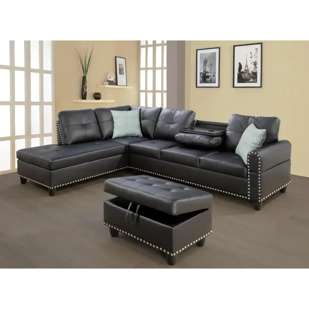 Sectional Sofa Couch, Modern 4-Seaters Living Room Furniture Sets with Chaise Lounge, Ottoman & 2 Pillows | L Shape Couch - Ohberri