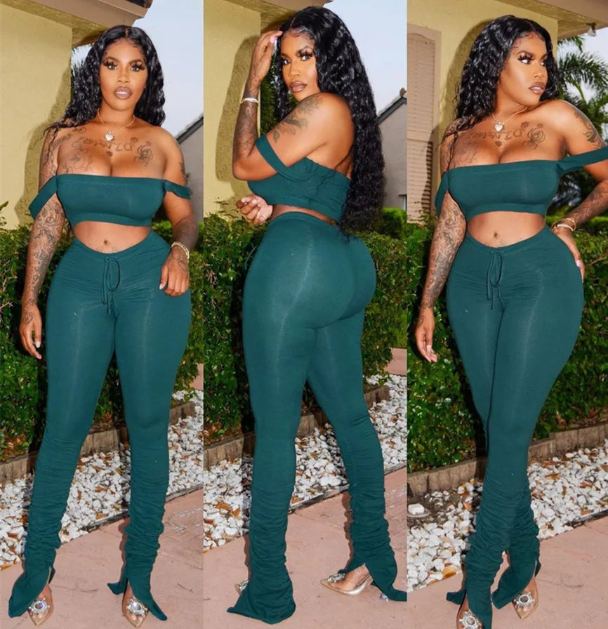 2 Piece Set Skinny Elastic Strapless Tops and Fold Slit Thin Pants Ohberri