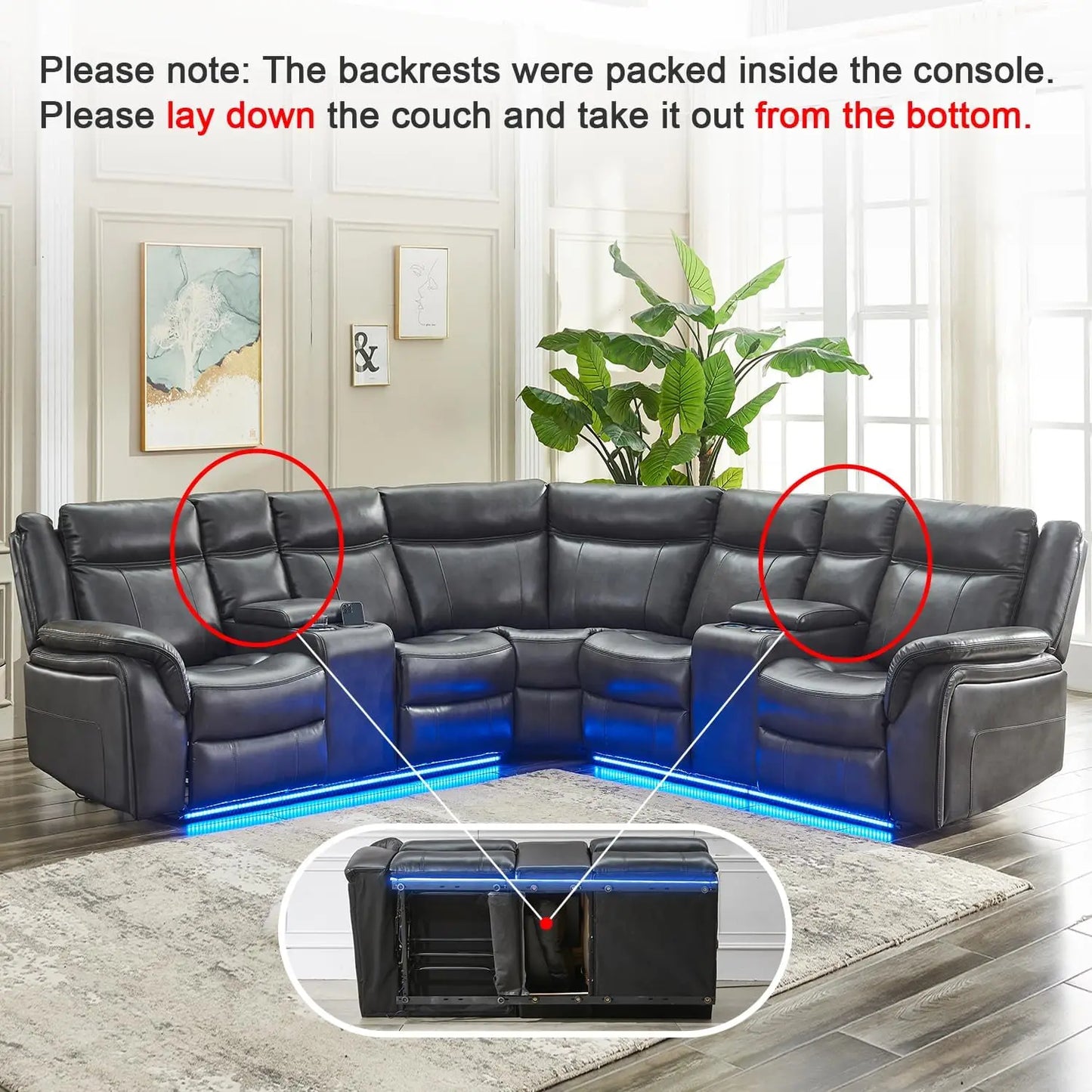 Power Recliner with LED Lights, USB, Cup Holders Storage Console Faux Leather Sectional - Ohberri