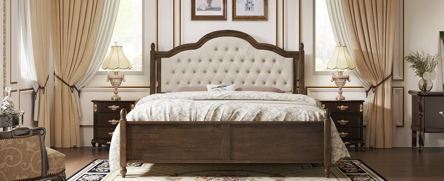 King Size Wood Bed Frame with Upholstered Headboard, Solid Wood Platform Bed with Linen Tufted - Ohberri