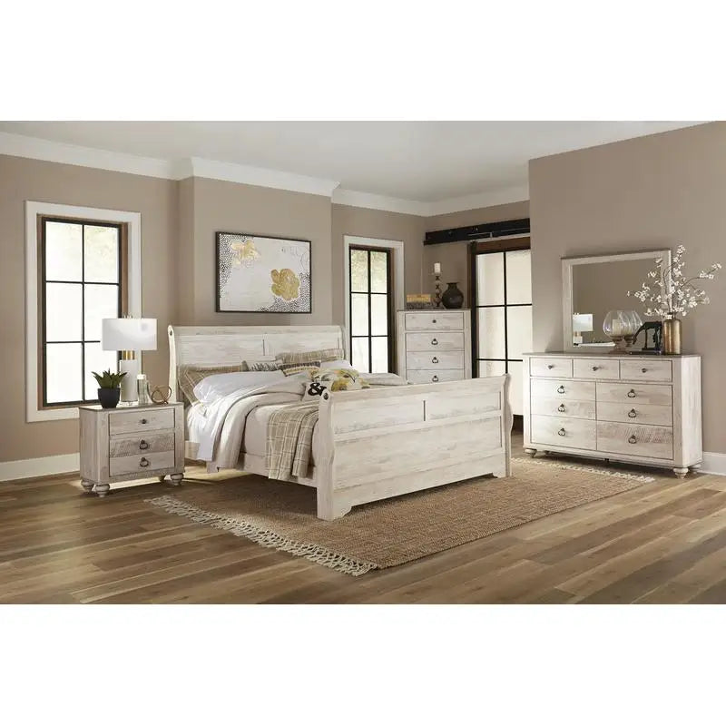 King Sleigh Bed Bedroom Set with Dresser, Mirror, 2 Nightstands, and Chest - Ohberri
