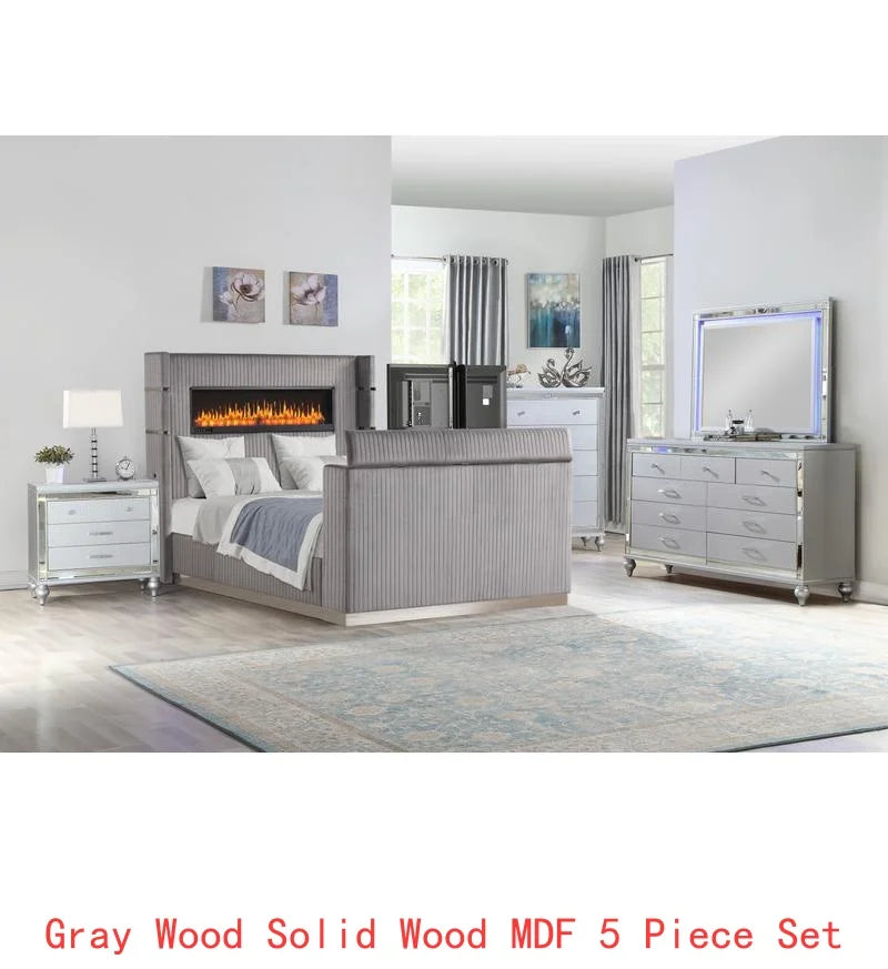 5 Pc Queen Bedroom Set with Fireplace Headboard & Footboard, Beige Wood Finish - Ohberri