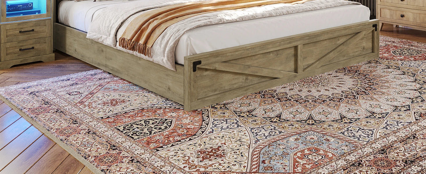 Farmhouse Bed Frame with Bookcase Headboard and 2 Drawers, Wooden Platform , Rustic Brown Ohberri