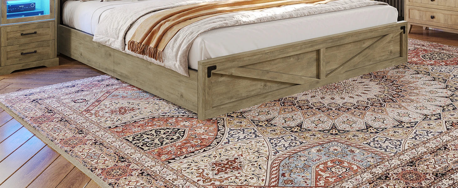 Farmhouse Bed Frame with Bookcase Headboard and 2 Drawers, Wooden Platform , Rustic Brown Ohberri