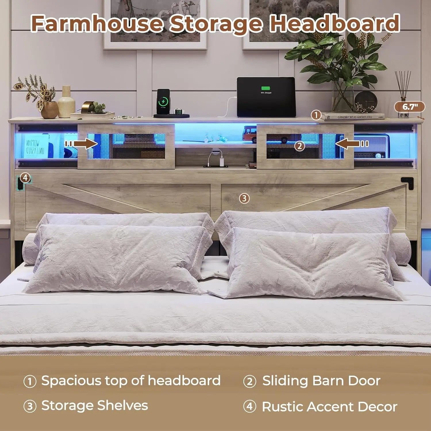 Farmhouse Bed Frame with Bookcase Headboard and 2 Drawers, Wooden Platform , Rustic Brown Ohberri