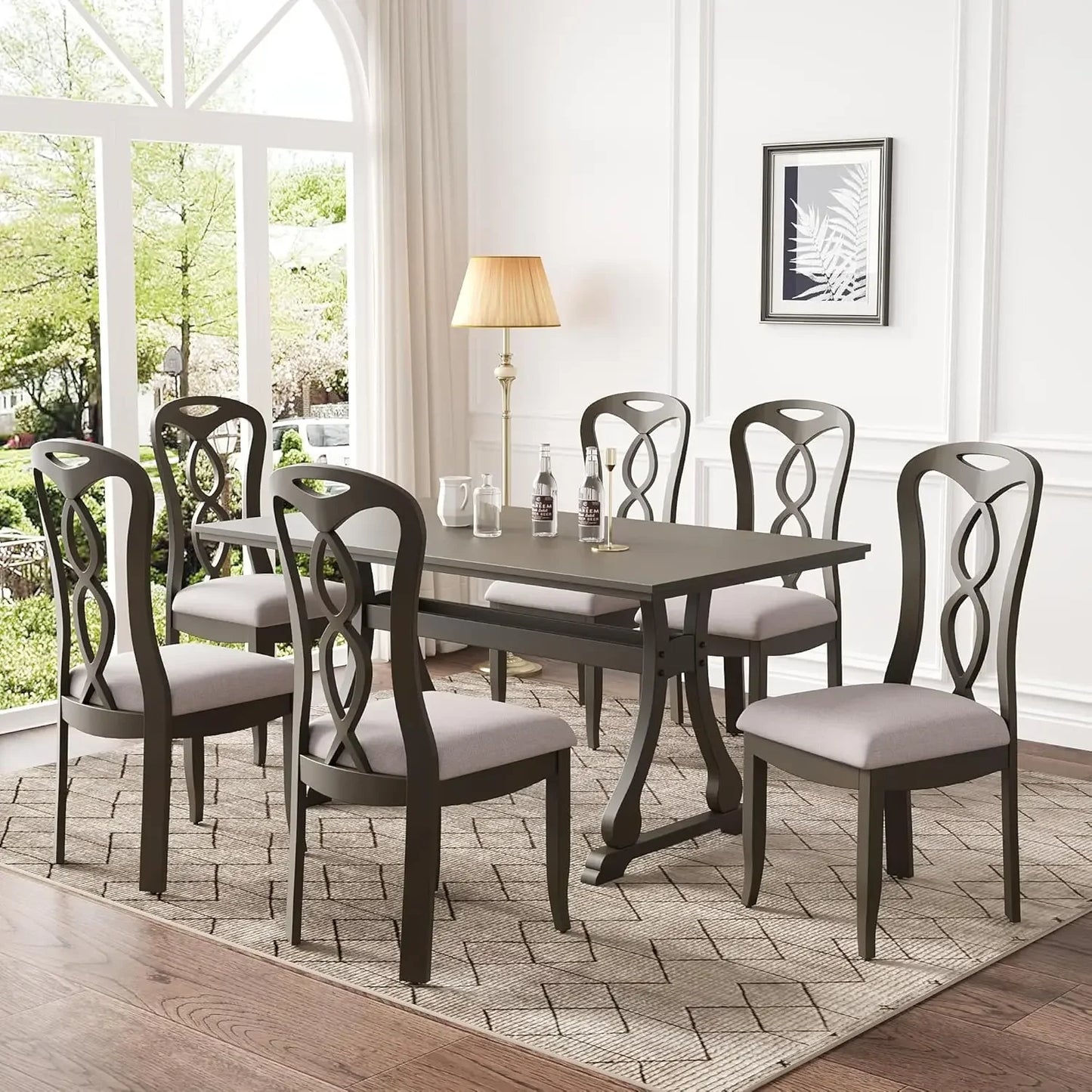 7 Piece Dining Table Set, Retro Kitchen Table Set with 6 Upholstered Dining Chairs, Wooden Table and Chairs Set for Dining Room - Ohberri