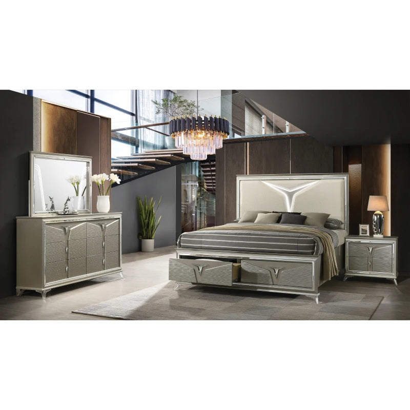 Modern Style Queen 4PC Bedroom Set Made with Wood & LED Headboard ,For bedroom,Main Color:Silver - Ohberri