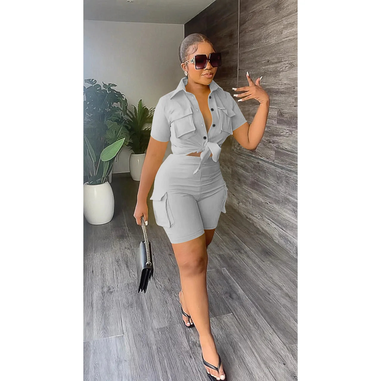 Streetwear Two Piece Set for Women Summer Outfits Pockets Short Sleeve Button-Up Shirt Top Short Sets Party Club Matching Sets - Ohberri