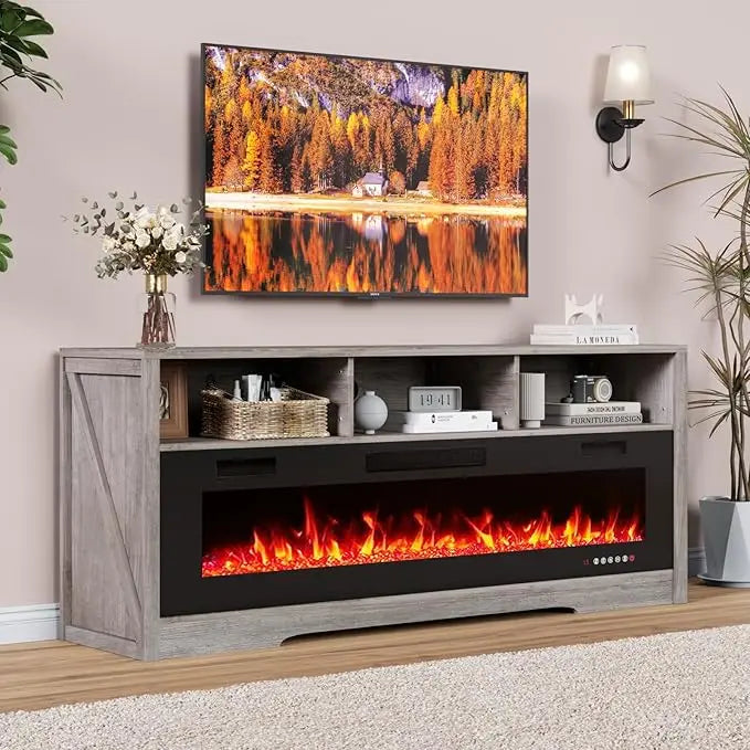 65''Fireplace TV Stand with 60" Fireplace with Open Storage Shelve Ohberri